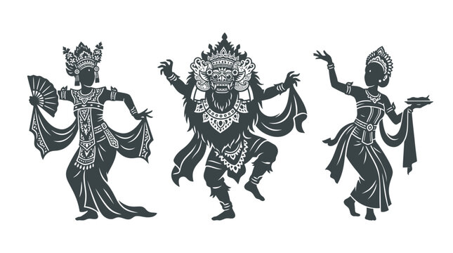 Black silhouettes of Balinese dancers and Barong deity.