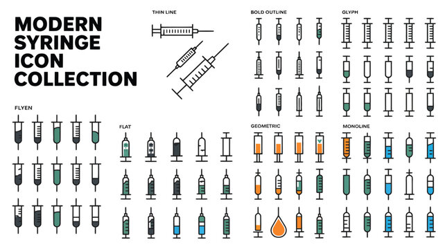 Modern syringe medical icon collection with healthcare vaccination and injection equipment illustration
