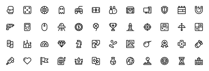 Gaming icon set. Minimalist gaming icons pack. Includes boxing, dice, roulette, console, football, shield, gun, trophy, chess, controller, castle and more. Editable vector stroke. © wang