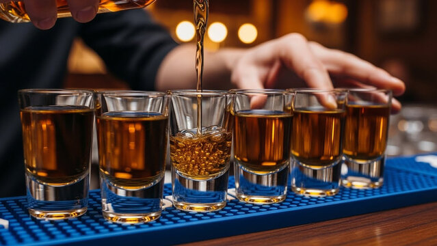 Bartender pouring whiskey into a shot glass on a bar counter with other glasses ready for serving
