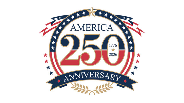 Patriotic america 250 anniversary emblem with stars ribbon and flag colors isolated on white background