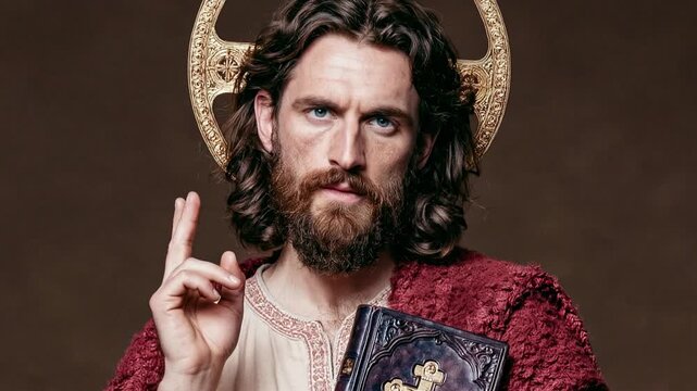 Man with halo and book, dressed as Jesus Christ, looking at camera