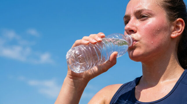 Thirst relief summer sport weather heat hot sky outdoor health concept woman drink water. heat temperature dehydration. sun climate, refreshment drink water, summer beverage hydratation