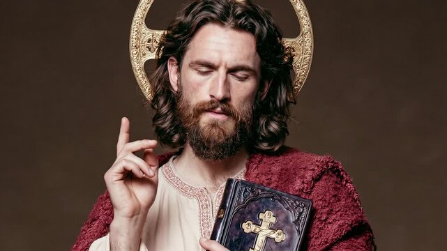 Man in Jesus Christ costume holding a holy book and raising finger