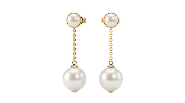 Pair of long gold chain dangle earrings with round white pearls at the and bottom, isolated on a plain white background