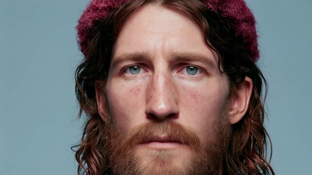 Close-up portrait of a man with blue eyes and a beard wearing a maroon beanie
