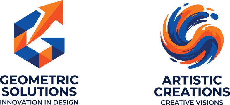 Modern 3D corporate logo templates and branding vector set featuring geometric low poly hexagon arrow and fluid wave vortex swirl on white background
