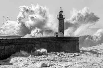 Lighthouse on rocky coast at sunset with cloudy sky © dunningada