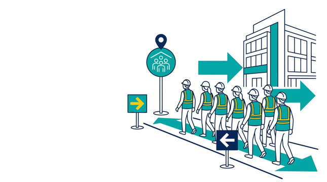Vector illustration of workers in safety vests and hard hats following directional arrows during an emergency evacuation drill from an office building to a designated muster point.