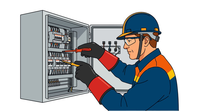 Professional electrician wearing a blue hard hat and safety goggles using insulated screwdrivers to maintain an industrial electrical control panel with circuit breakers.