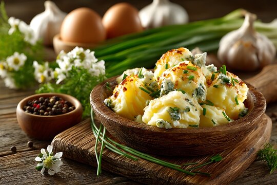 Creamy Blue Cheese Potato Salad with Fresh Herbs and Rustic Ingredients on Wooden Surface