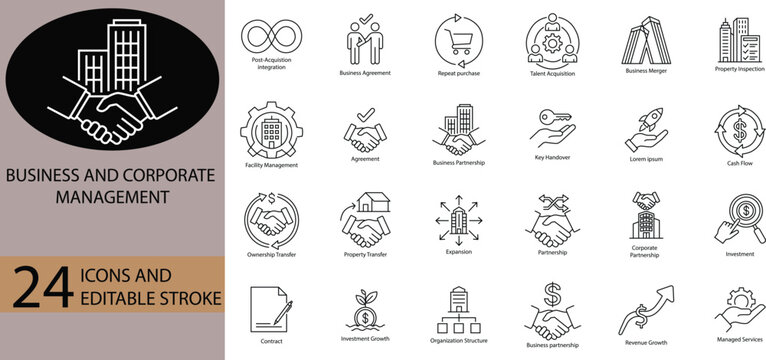 Business and corporate management line icon pack vector set for partnership and investment growth with editable stroke including business agreement merger property and organization structure objects.