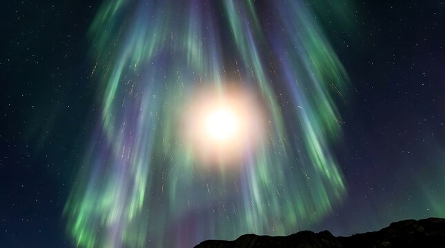 Vibrant aurora borealis lights dance across the dark night sky with a glowing full moon shining brightly above the distant silhouette of jagged mountain peaks