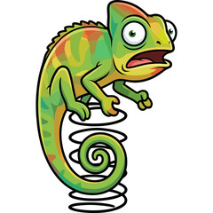 Fototapeta premium A colorful cartoon chameleon jumps excitedly on a coiled spring outdoors.