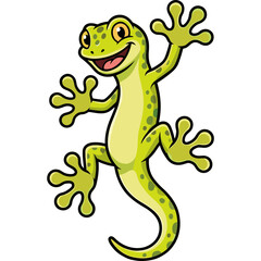 Fototapeta premium A green lizard with spots and a big smile is jumping up happily outdoors