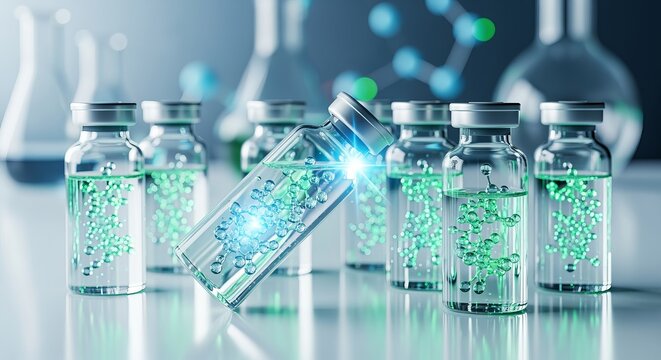 Transparent peptide molecules in vials showcasing biotechnology for advanced anti aging skincare