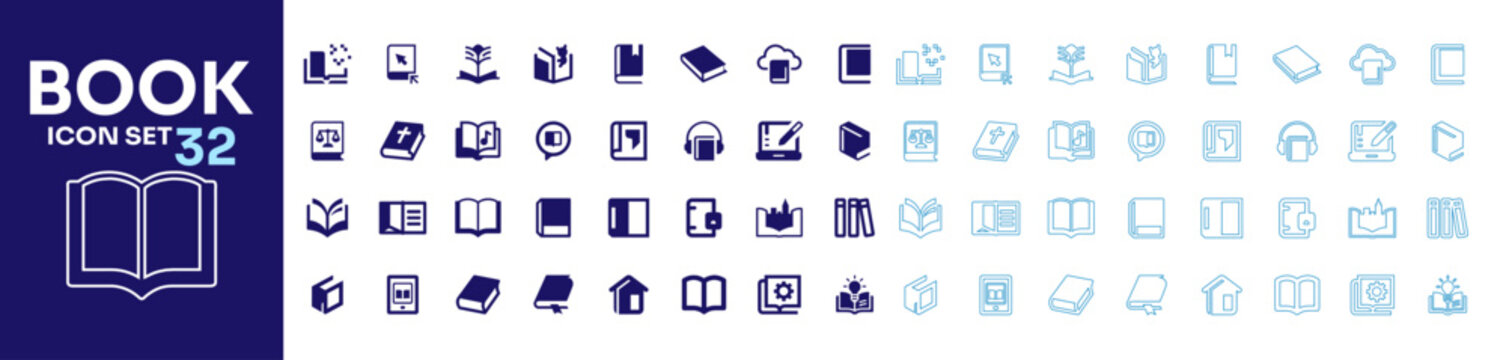 Flat and line outline web icon set of books, digital e-learning, online libraries, and literature vector collection.