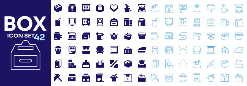 Flat and line outline web icon set of cardboard delivery boxes, packaging containers, and storage vector collection.