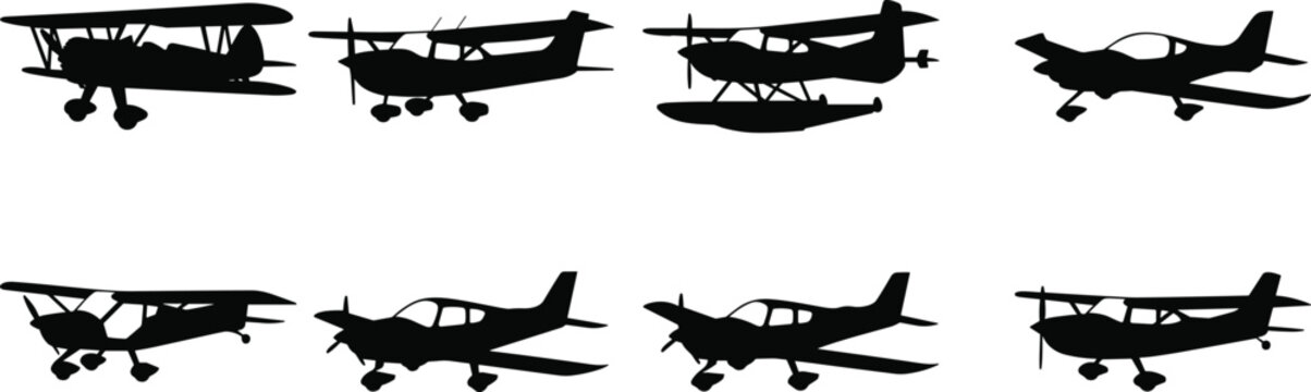 Light Aircraft Silhouette Vector Collection with Propeller Plane Floatplane and Biplane Set