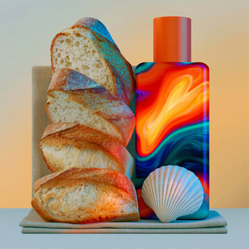 Colorful Bread Loaf Still Life with Abstract Bottle and Shell