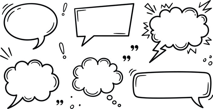 Comic speech bubble doodle set with blank thinking clouds chat boxes and quote signs hand drawn vector illustration