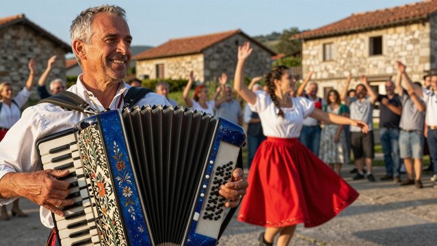 Um grupo folclorico portugues celebra tradicoes culturais com musica e danca em espigueiros rurais, vestindo trajes tipicos e envolvendo a comunidade local.
