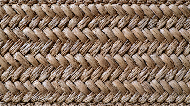 Natural woven straw texture with an intricate braided pattern in warm beige and brown tones. Rustic handcrafted fiber background ideal for tropical, boho and organic design projects.