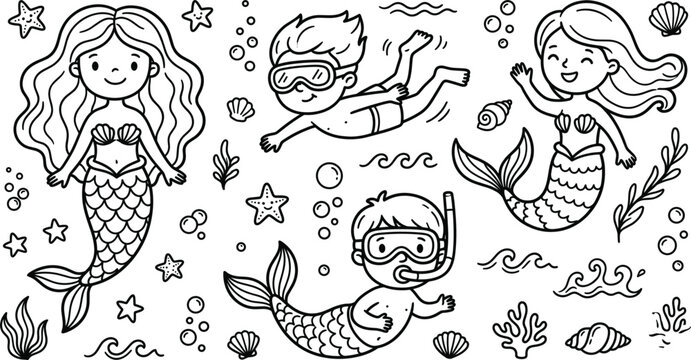 Cute mermaid merman and underwater swimming boy doodle set with sea shells starfish coral reef line vector illustration