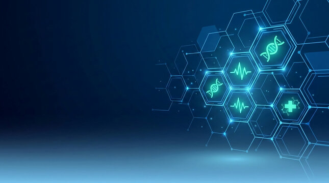 Digital illustration with glowing blue and green hexagonal science icons on a dark blue gradient, symbolizing medical innovation and technology