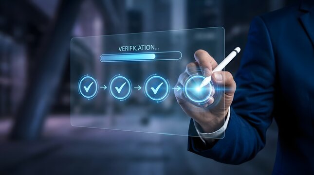 digital verification process with checkmark steps and progress bar. businessman using stylus on virtual interface in night city. corporate authentication and secure workflow management.