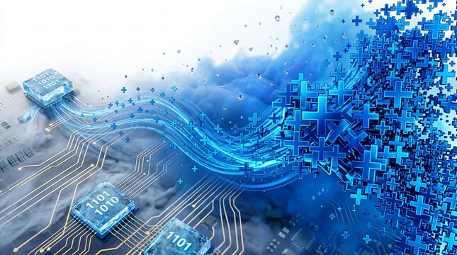 Digital circuit with binary code chip, abstract blue stream and many blue plus signs, symbolizing data flow, technology, and positive outcomes