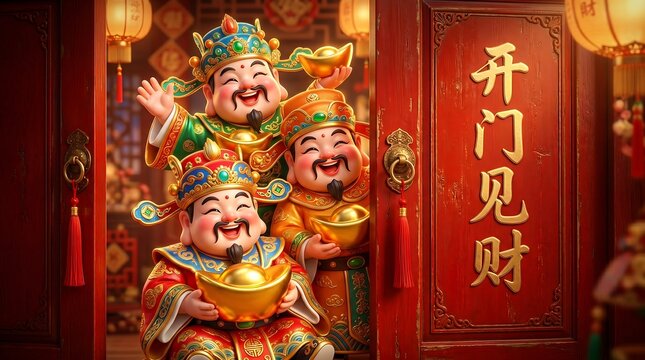 A festive scene featuring three joyful figures of Caishen, the Chinese God of Wealth, holding golden ingots as they appear through a traditional open doorway adorned with Chinese calligraphy.