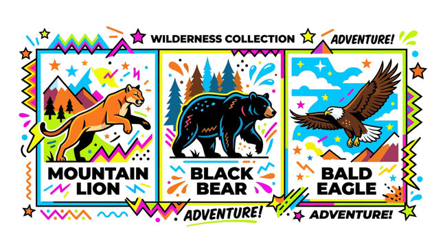 Wilderness collection illustration featuring mountain lion black bear and bald eagle.
