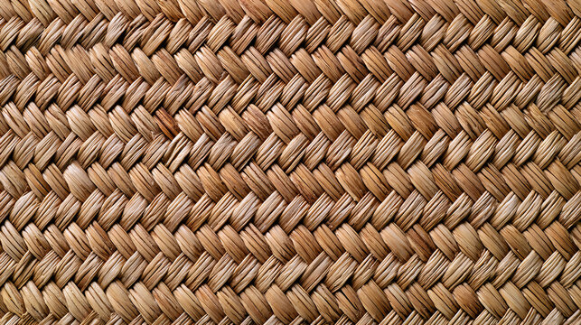 Natural woven straw texture with an intricate braided pattern in warm beige and brown tones. Rustic handcrafted fiber background ideal for tropical, boho and organic design projects.