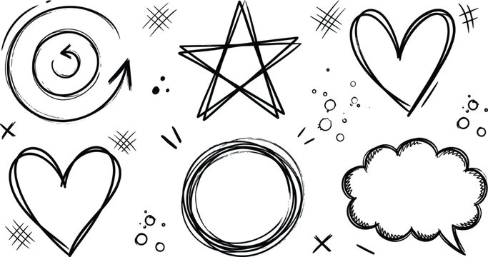 Hand drawn doodle shape vector set with sketchy heart star circle speech bubble and scribble marks isolated illustration
