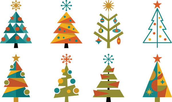 Mid-century modern Christmas tree collection featuring atomic age geometric designs in retro colors for festive holiday cards