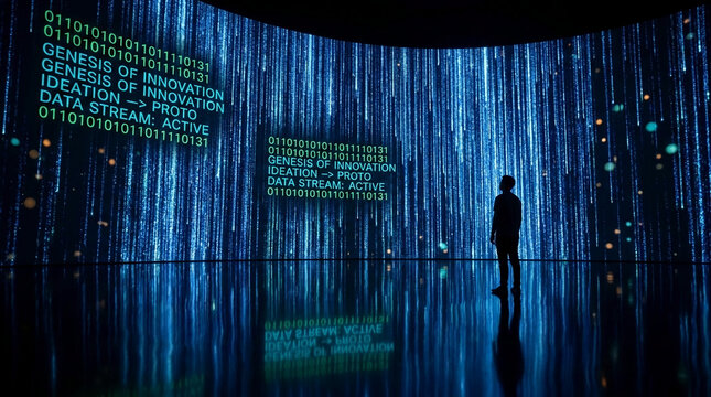 Man observing a digital waterfall of binary code, symbolizing technology, innovation, and data flow, suitable for concept or presentation