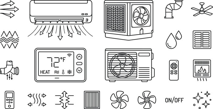 Air conditioner HVAC system line icon set with split indoor unit outdoor compressor digital thermostat controller vector illustration