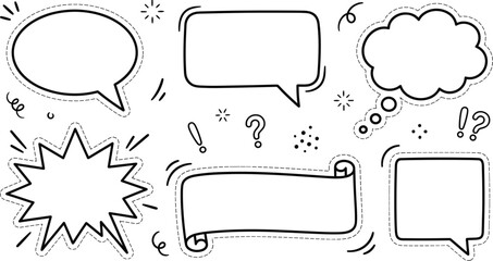 Blank comic speech bubble sticker doodle set with chat box scroll banner thought cloud and explosion shape vector © MD