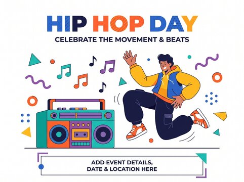 Colorful Hip Hop Day Celebration Illustration with Dancing Man and Boombox for Music Event Poster
