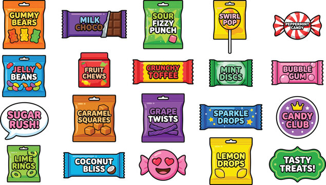 Collection of Colorful Candy Packaging and Sweet Treats Vector Illustration image_44e707.png