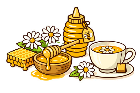 Glass jar of golden honey with wooden dipper, honeycomb bowl, cup of herbal tea and blooming daisy flowers. Sweet natural breakfast and organic dessert concept.