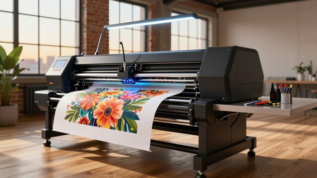 A large-format digital printer produces a colorful floral design in a bright industrial studio with natural light and modern decor.