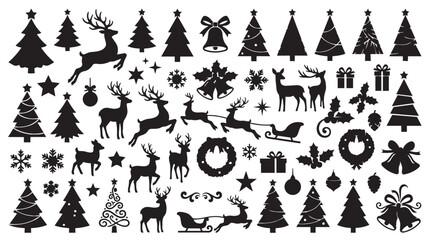 Christmas silhouette vector collection, black winter holiday icons set, reindeer and pine tree graphics, festive decorative elements for seasonal design © Shahzaib