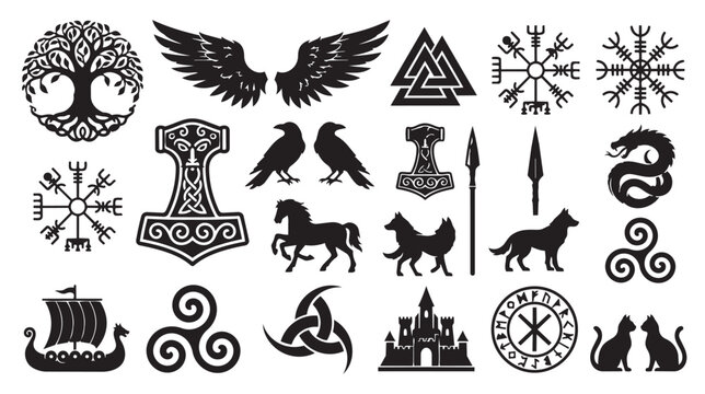 Viking mythology symbols and Norse runes collection, black silhouette pagan icons set, ancient scandinavian celtic vector elements
