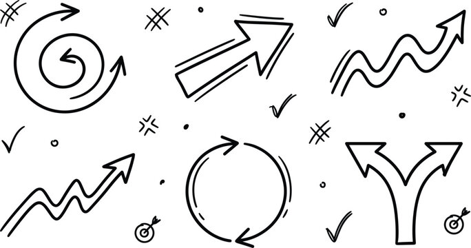 Business arrow doodle set with spiral process loop growth graph and choice direction path hand drawn vector illustration