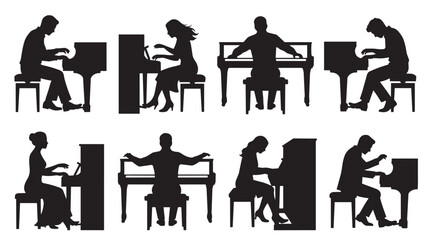 Piano player silhouettes set, musicians playing grand and upright pianos, black vector icons of pianists performing classical music on stage © Shahzaib