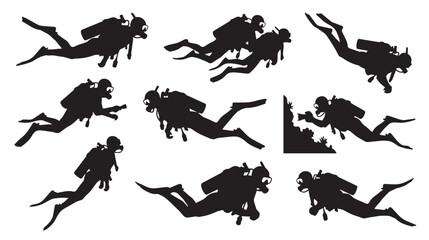 Scuba diver silhouette collection, black underwater diving icons set, professional diver with oxygen tank and flippers vector graphics © Shahzaib