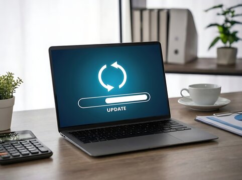 Automatic Software Upgrade Concept Showing System Update Progress Bar and Enterprise Technology Maintenance Workflow