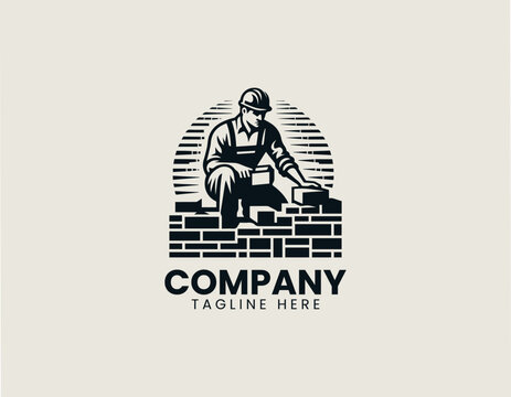 Construction worker laying bricks black vector logo illustration style
